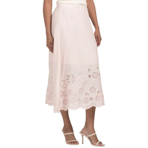 ELIE TAHARI Linen Blend Side Zip Eyelet Cut Out Midi Skirt